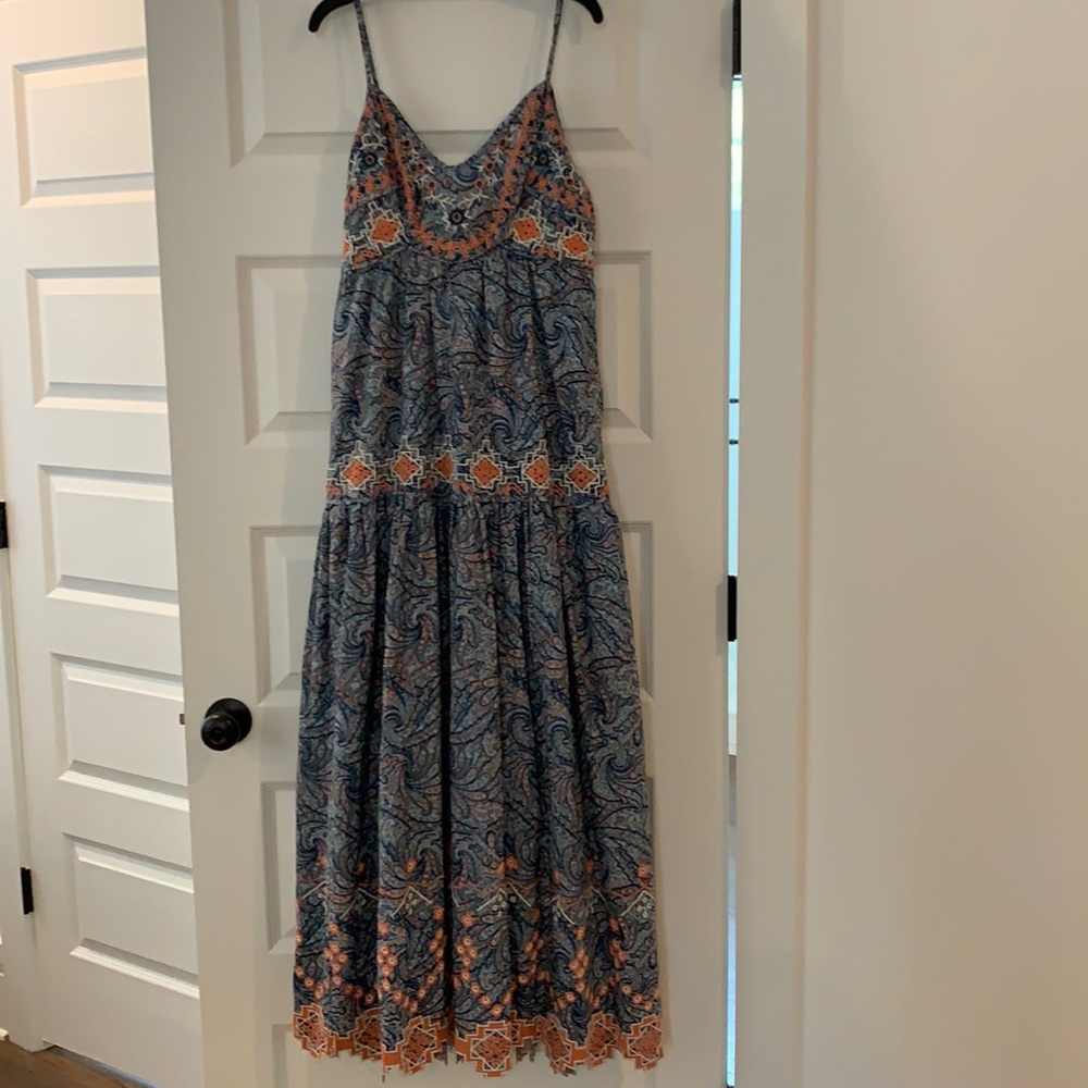 Anthropology blue and pink maxi dress